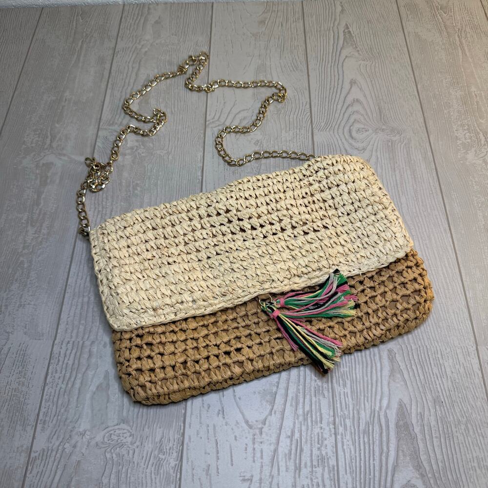 Women's Paper Straw Natural Crossbody Purse Bag With Chain Strap Summer Beach